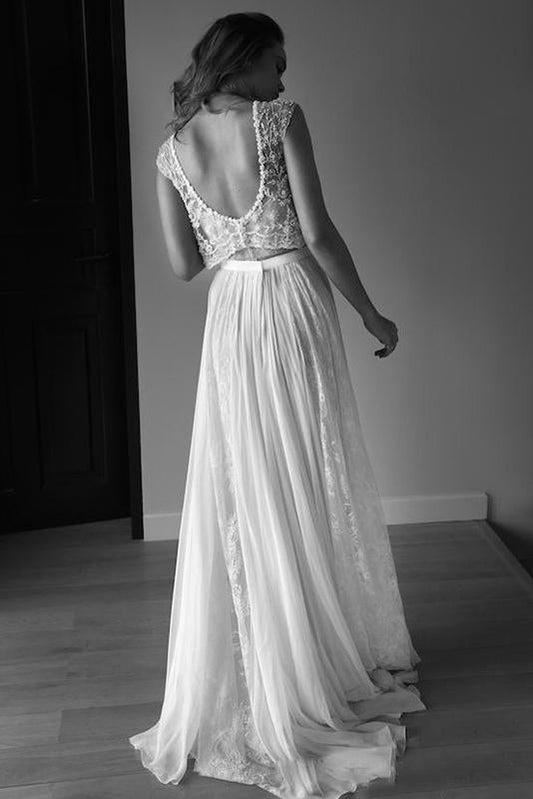 Princess Sleeveless Scoop Chiffon Beads Two Piece Wedding Dresses with Open Back RS582