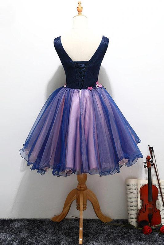 Purple Tulle V Neck Straps Lace up Homecoming Dresses with 3D Flowers Dance Dresses H1234