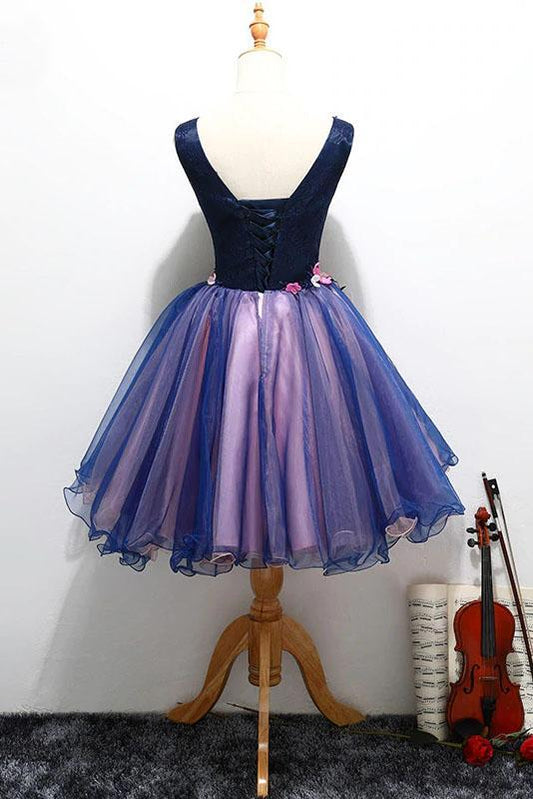 Purple Tulle V Neck Straps Lace up Homecoming Dresses with 3D Flowers Dance Dresses H1234