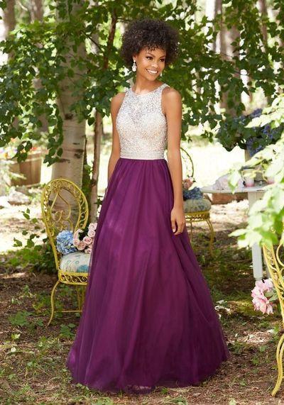 Purple Chiffon Round Neck Sequins Long Sleeveless Floor-Length Prom Dresses RS815