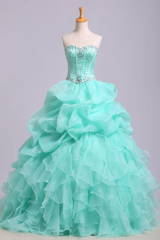 Ball Gown Sweetheart Organza Beads Lace up Ruffles Tiffany Blue Prom Quinceanera Dresses RS178