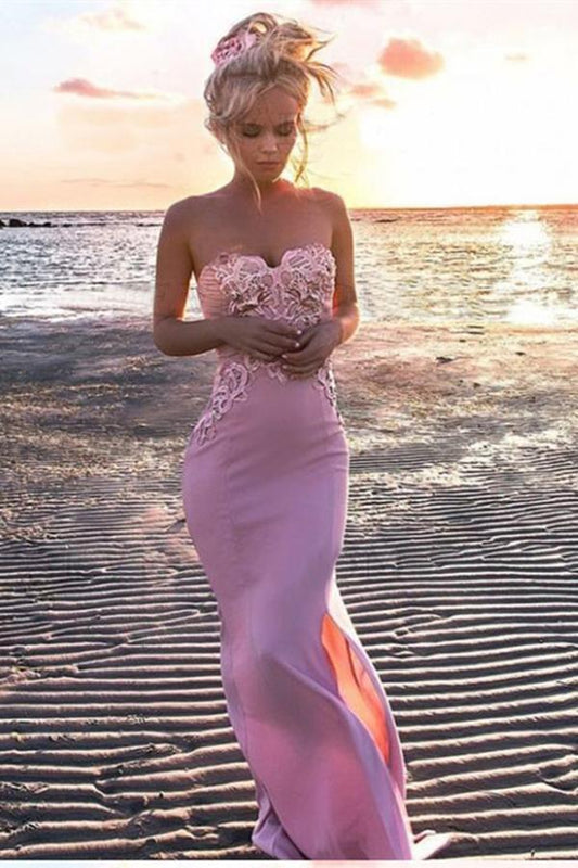Sexy Mermaid Sweetheart Pink Strapless Satin Sleeveless Prom Dress with Applique Split RS804