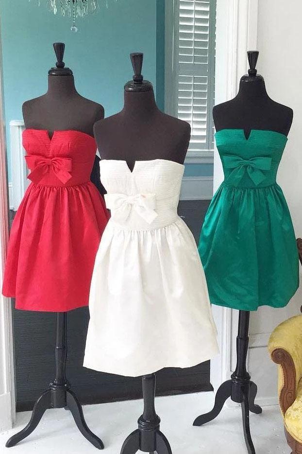 Red A-Line Strapless Bowknot Short Prom Dress Satin Party Dress Homecoming Dresses H1246