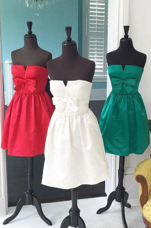 Red A-Line Strapless Bowknot Short Prom Dress Satin Party Dress Homecoming Dresses H1246