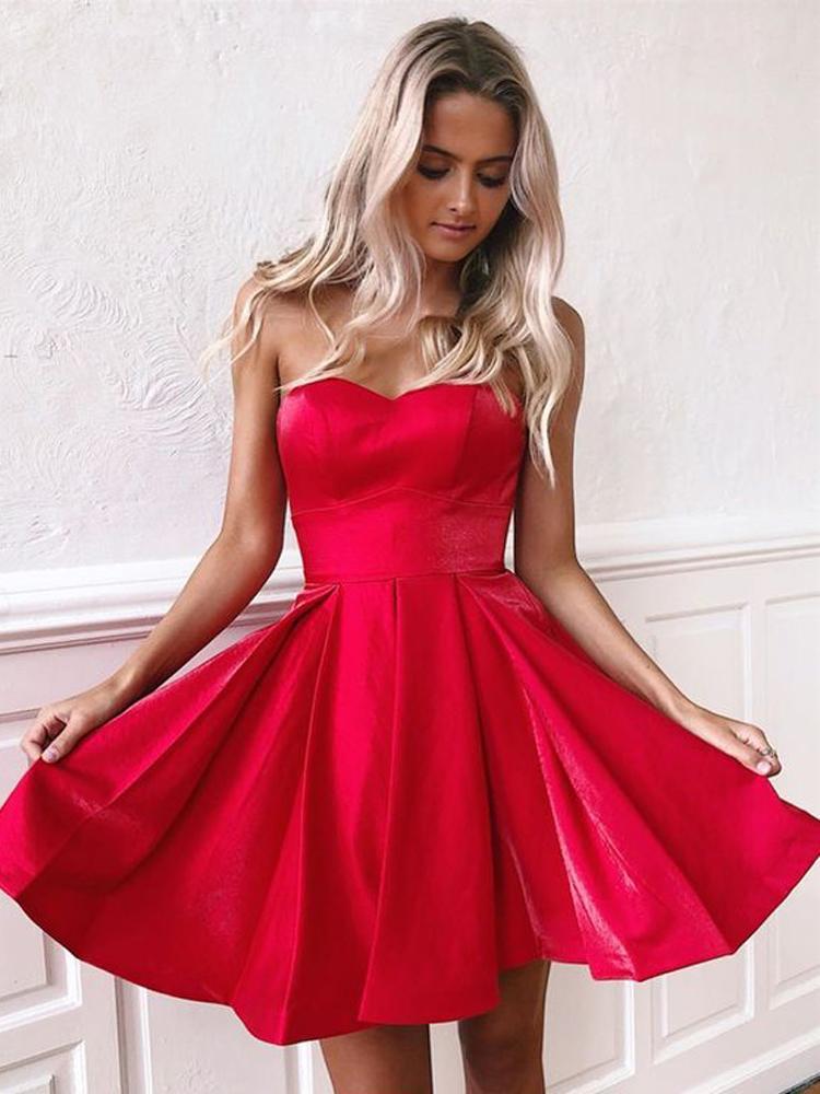 Simple Red Satin Sweetheart Strapless Homecoming Dresses Above Knee Short Prom Dresses H1341