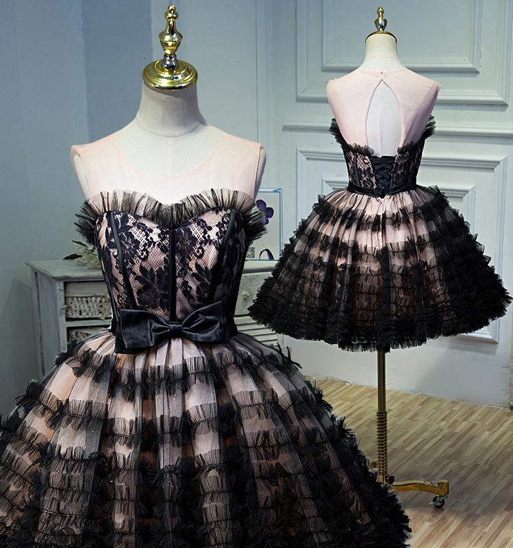 Round Neck Open Back Black and Pink Bowknot Lace up Homecoming Dresses with Tulle H1130
