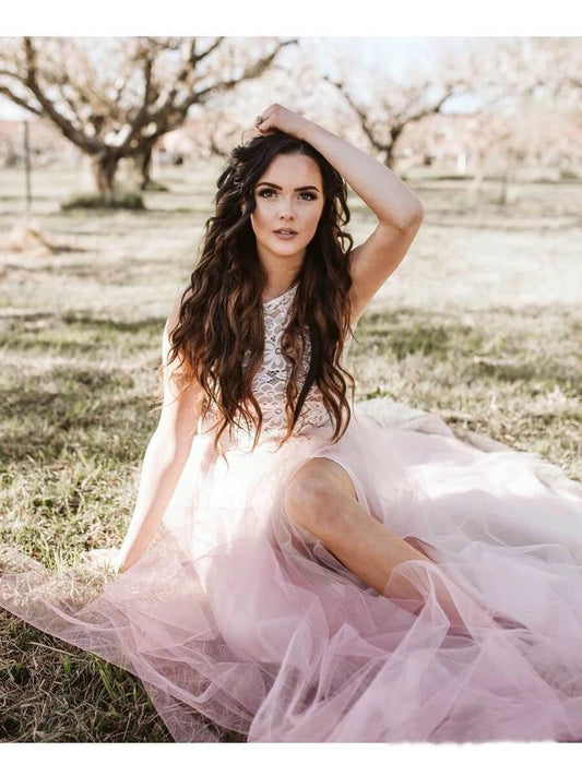 Round Neck Tulle Two Piece Pink Boho Wedding Dresses with Slit Beach Wedding Dress W1094