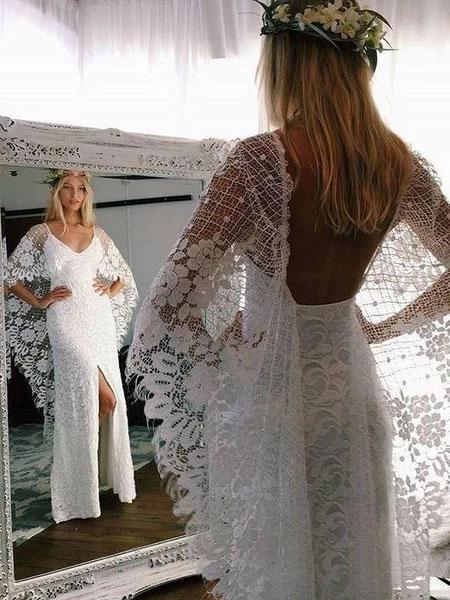 Rustic Batwing Sleeve Lace Ivory Wedding Dresses Ivory Sheath Boho Wedding Dresses W1059