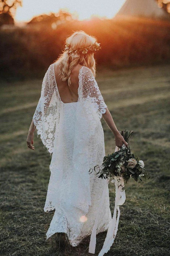 Rustic Batwing Sleeve Lace Ivory Wedding Dresses Ivory Sheath Boho Wedding Dresses W1059