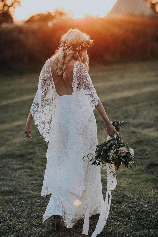 Rustic Batwing Sleeve Lace Ivory Wedding Dresses Ivory Sheath Boho Wedding Dresses W1059