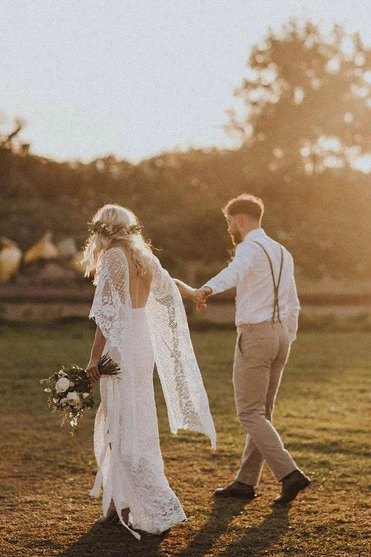 Rustic Batwing Sleeve Lace Ivory Wedding Dresses Ivory Sheath Boho Wedding Dresses W1059