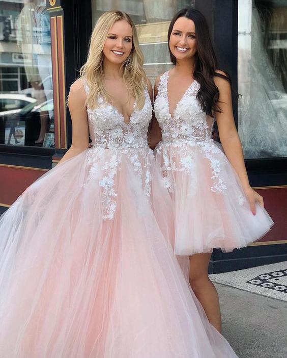 Princess V Neck Pink Long Tulle Lace Appliques Open Back Party Dress Prom Dresses RS66