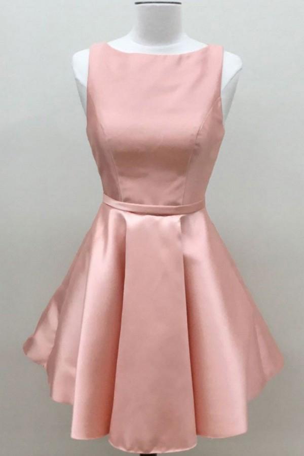 Simple A Line Pink Satin Scoop Cheap Short Prom Dresses Homecoming Dresses RS883