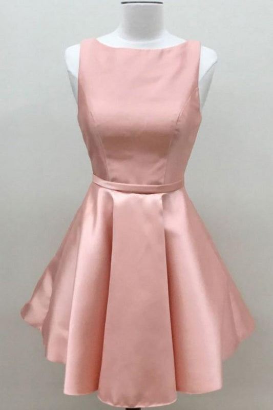 Simple A Line Pink Satin Scoop Cheap Short Prom Dresses Homecoming Dresses RS883