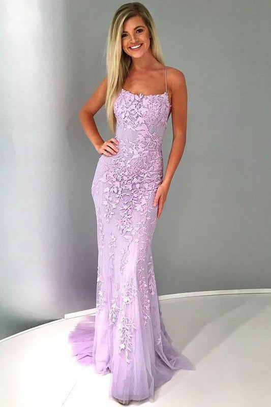 Sexy Mermaid Spaghetti Straps Lilac Tulle Lace Prom Evening Dresses with Appliques RS73