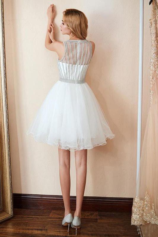 Scoop A Line White Homecoming Dresses Sequins Above Knee Tulle Short Prom Dresses H1100