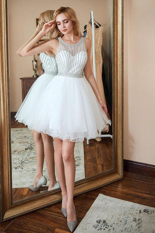 Scoop A Line White Homecoming Dresses Sequins Above Knee Tulle Short Prom Dresses H1100