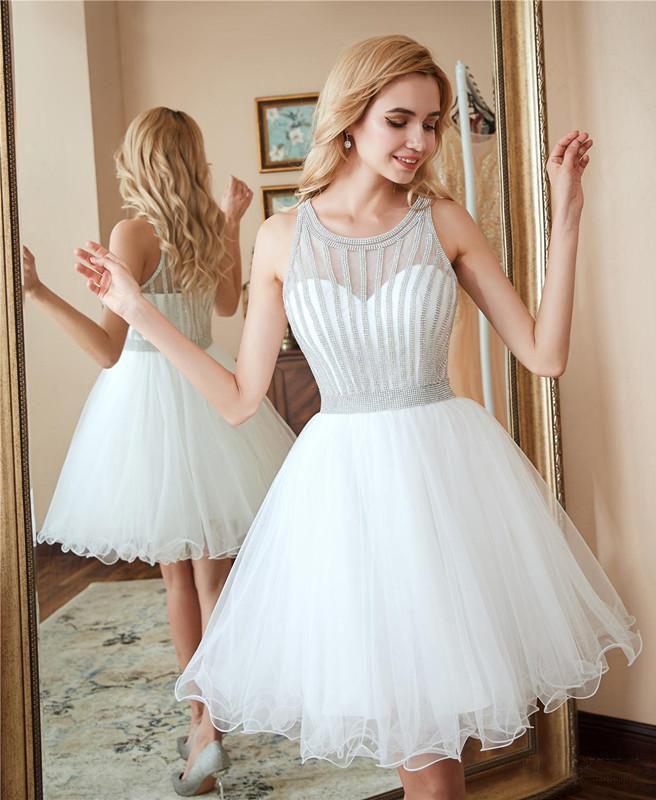 Scoop A Line White Homecoming Dresses Sequins Above Knee Tulle Short Prom Dresses H1100