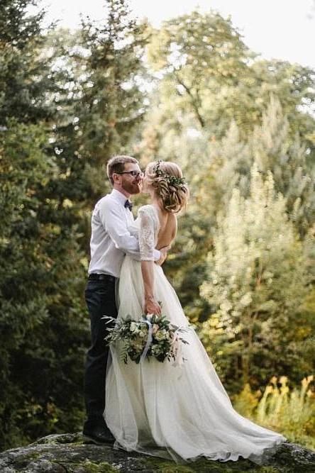 See Through Half Sleeve Ivory Country Wedding Dresses Backless Tulle Wedding Dress W1073