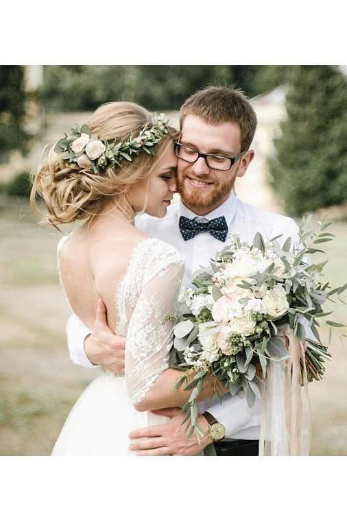 See Through Half Sleeve Ivory Country Wedding Dresses Backless Tulle Wedding Dress W1073