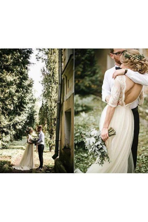 See Through Half Sleeve Ivory Country Wedding Dresses Backless Tulle Wedding Dress W1073