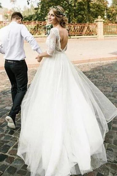 See Through Half Sleeve Ivory Country Wedding Dresses Backless Tulle Wedding Dress W1073
