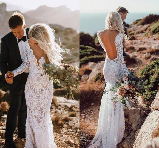 See Through V Neck Lace Rustic Wedding Dresses Long Sleeve Mermaid Wedding Dress RS812