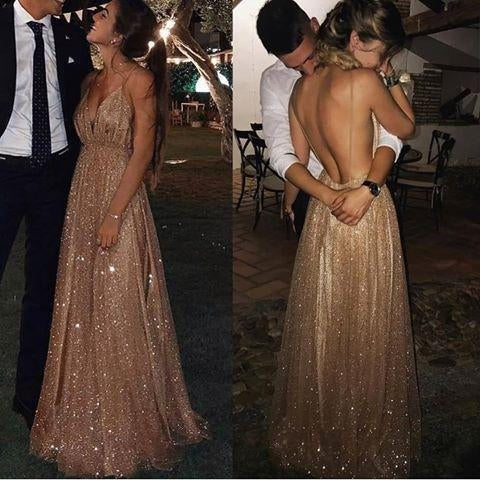 Sexy A-line Spaghetti Straps Deep V-neck Sexy Backless Sequins Prom Party Dresses RS783