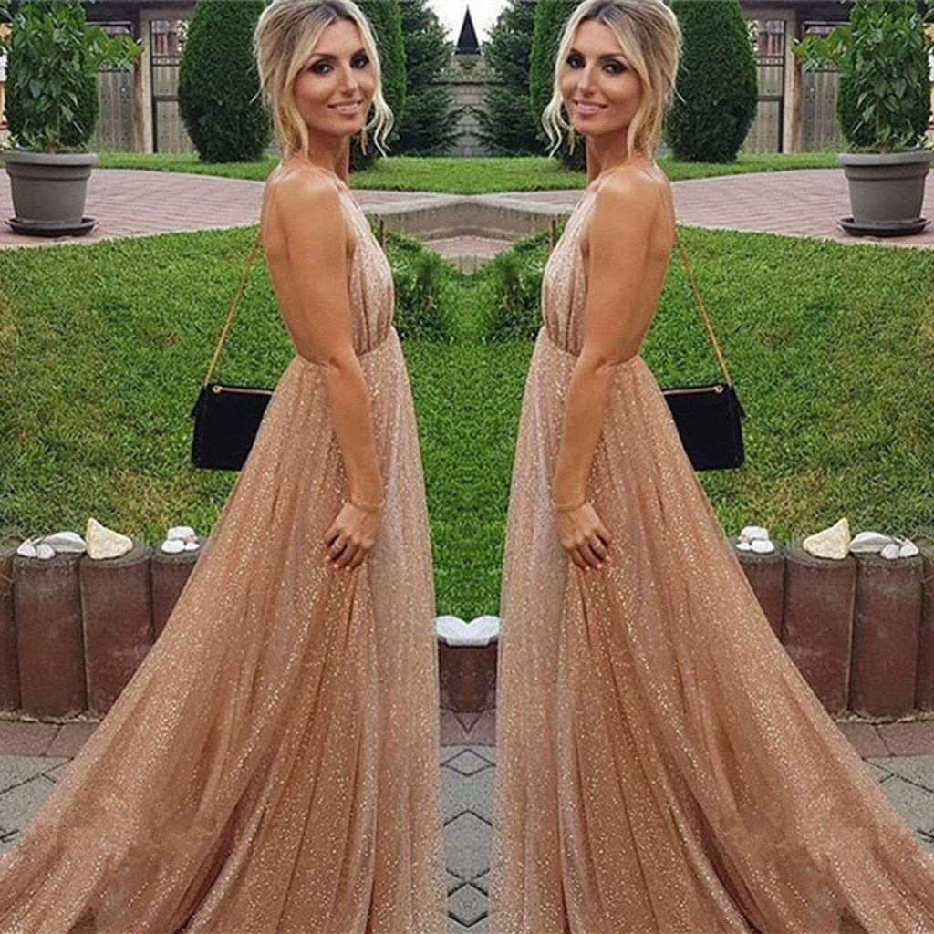 Sexy A-line Spaghetti Straps Deep V-neck Sexy Backless Sequins Prom Party Dresses RS783