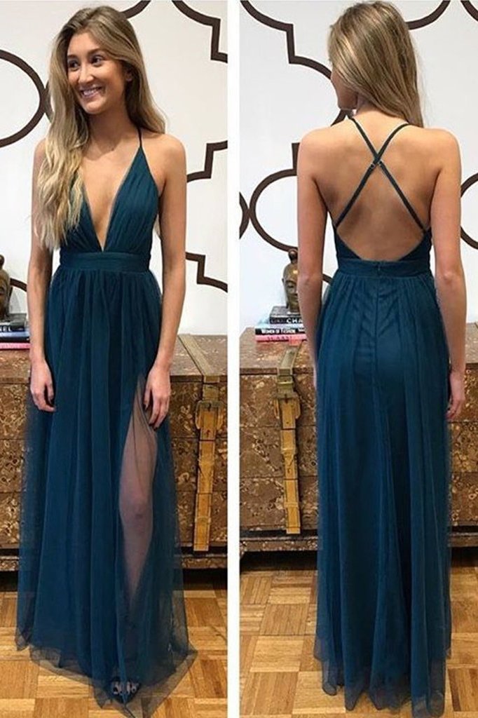 Sexy A Line Spaghetti Straps Blue Tulle Prom Dress with Split Criss Cross Evening Dresses RS910