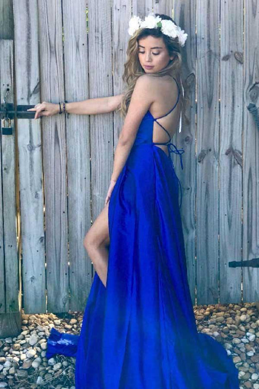 Sexy A line Blue Prom Dresses with High Slit Criss Cross Sleeveless Evening Dresses RS732