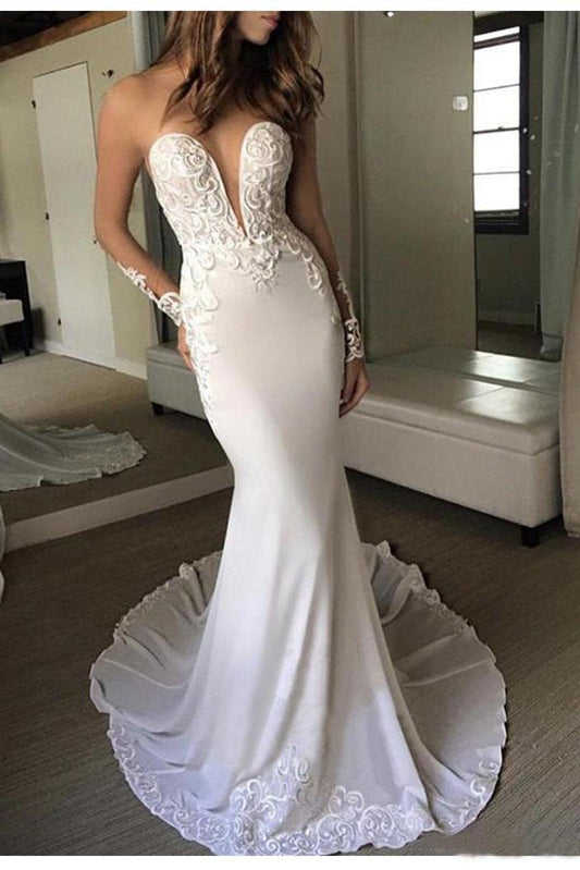Sexy Berta Mermaid V Neck Wedding Dress Long Sleeves Open Back Wedding Gowns W1088