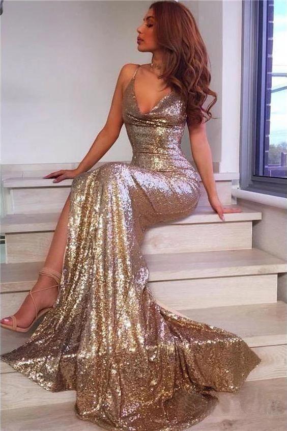 Sexy Champagne Gold Mermaid Prom Dresses Side Slit Backless Formal Dresses P1102