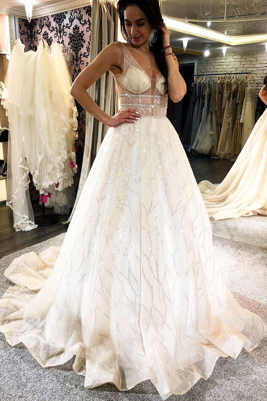 Sexy Ivory Sequins V Neck Long Prom Dresses Backless Vintage Evening Dresses P1097