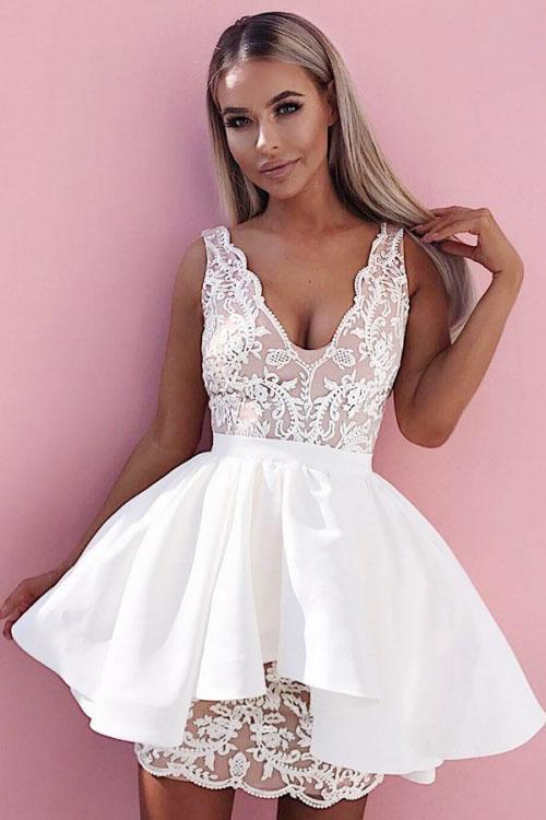 Sexy Lace V Neck Above Knee Sheath Homecoming Dresses with Satin Short Prom Dresses H1189