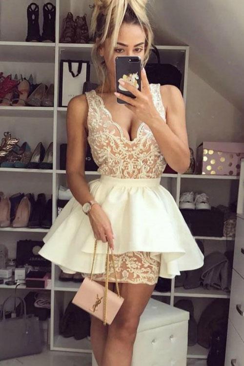 Sexy Lace V Neck Above Knee Sheath Homecoming Dresses with Satin Short Prom Dresses H1189