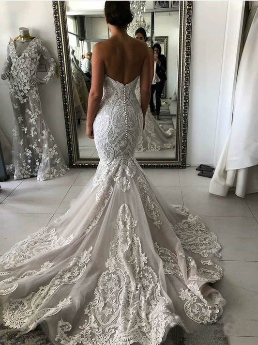 Sexy Mermaid Ivory Lace Appliques Backless Wedding Dresses Wedding Gowns W1011