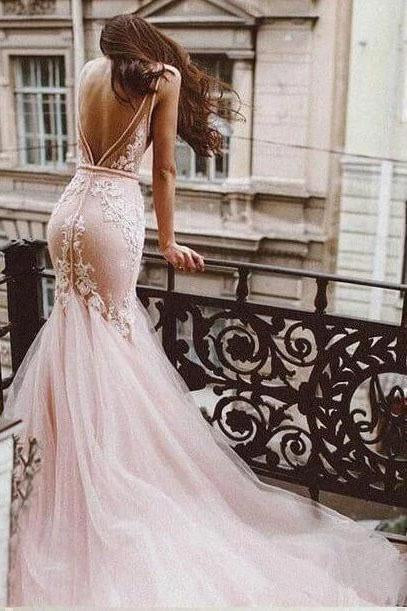 Sexy Pink Tulle Mermaid Wedding Dresses Backless V Neck Lace Bodice Bridal Dresses W1093