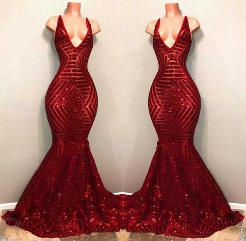 Sexy Burgundy Mermaid Sequins Deep V Neck Prom Dresses Long Evening Dresses RS908