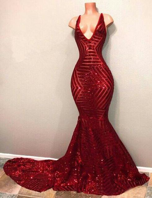 Sexy Burgundy Mermaid Sequins Deep V Neck Prom Dresses Long Evening Dresses RS908