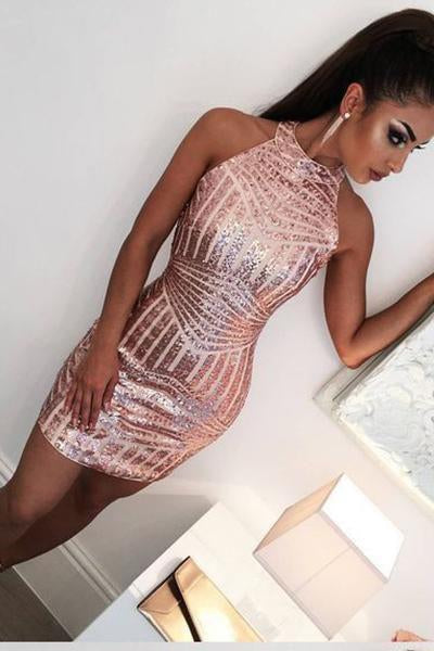 Sexy Rose Gold Jewel Sheath Mini Short Prom Dresses Homecoming Dress Cocktail Dress RS869