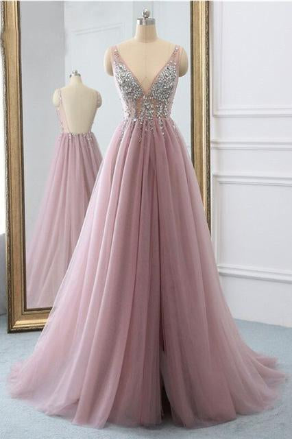 Sexy Slit Beading Tulle Backless V Neck Long Evening Dresses Sleeveless Party Dresses RS929