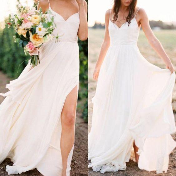 Sexy Spaghetti Straps Boho Bridal Dress with Slit V Neck Side Slit Beach Wedding Dresses W1033