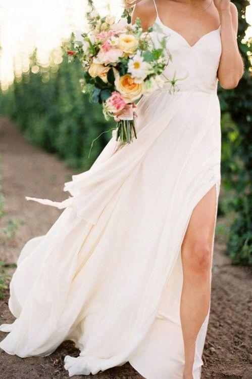 Sexy Spaghetti Straps Boho Bridal Dress with Slit V Neck Side Slit Beach Wedding Dresses W1033