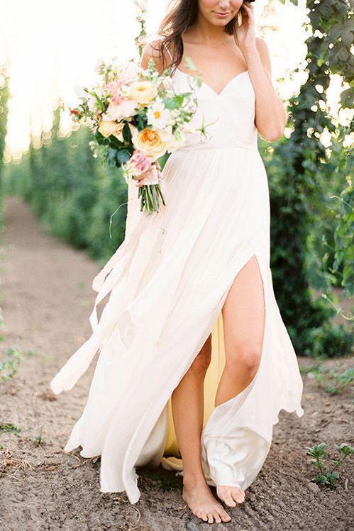 Sexy Spaghetti Straps Boho Bridal Dress with Slit V Neck Side Slit Beach Wedding Dresses W1033