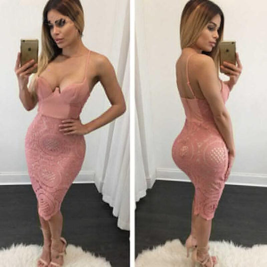 Sexy Spaghetti Straps Pink Sheath V Neck Lace Tea Length Homecoming Dresses H1270