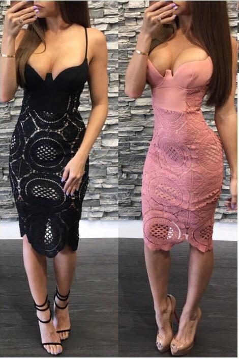 Sexy Spaghetti Straps Pink Sheath V Neck Lace Tea Length Homecoming Dresses H1270