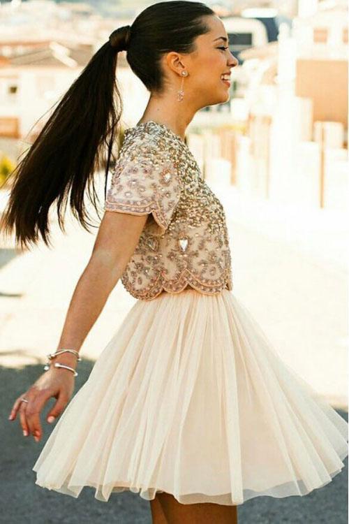 Sexy Two Piece Short Sleeve Homecoming Dress with Beads Round Neck Chiffon Prom Dress H1191
