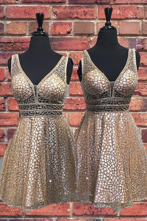 Sexy V Neck Sequins Straps Above Knee Homecoming Dresses Short Prom Dresses H1196