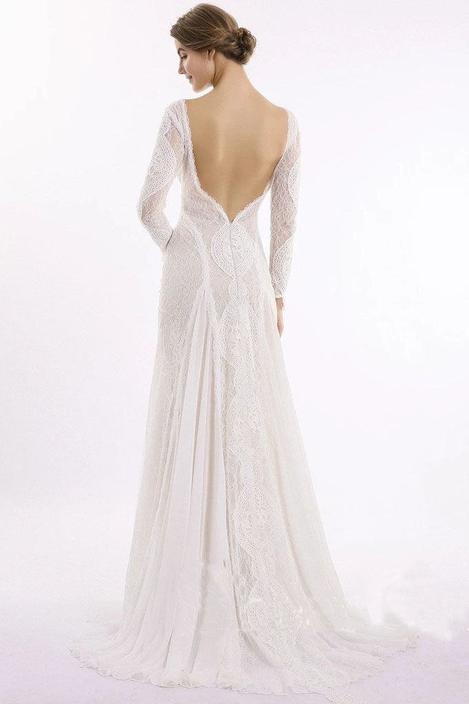 Sheath Long Sleeve Ivory Lace Wedding Dresses See Through Backless Boho Bridal Dresses W1063